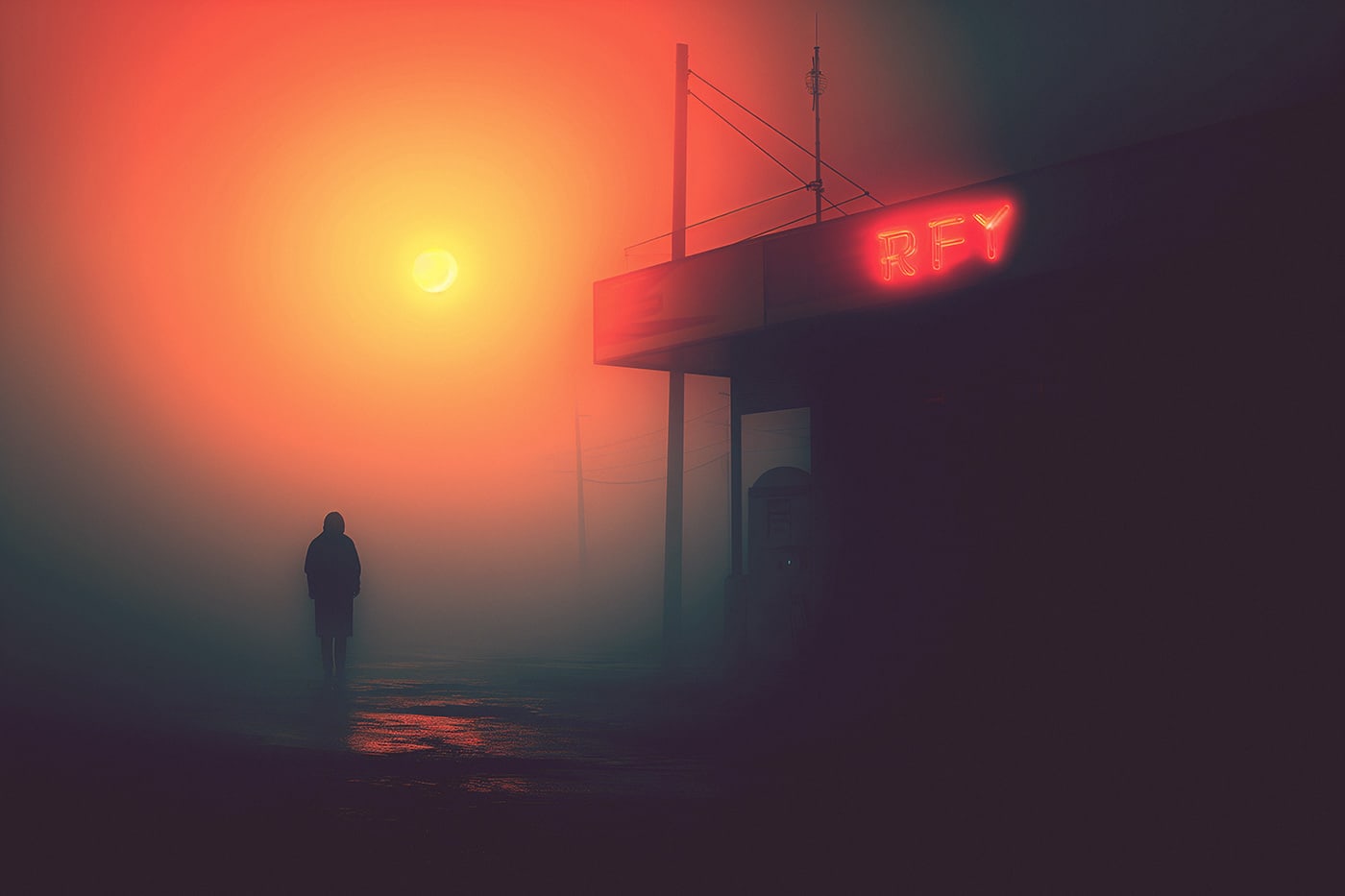 Atmospheric neo-noir art, last outpost in the dense fog, lonely character | Wall Art