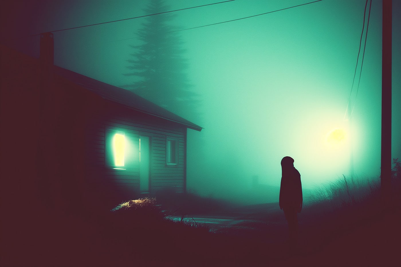 Dark neo-noir art, mysterious person in dense fog at night, cinematic look | Wall Art