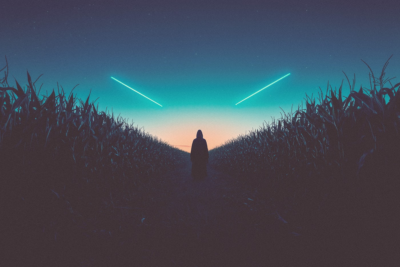 A mysterious hooded person walking a path in a cornfield as a colorful sundown adds a warm summer mood to the scene. An ethereal, minimalist new media AI artwork on the beauty and magic of loneliness, inspired by the cinematic look of Blade Runner 2049. | Wall Art