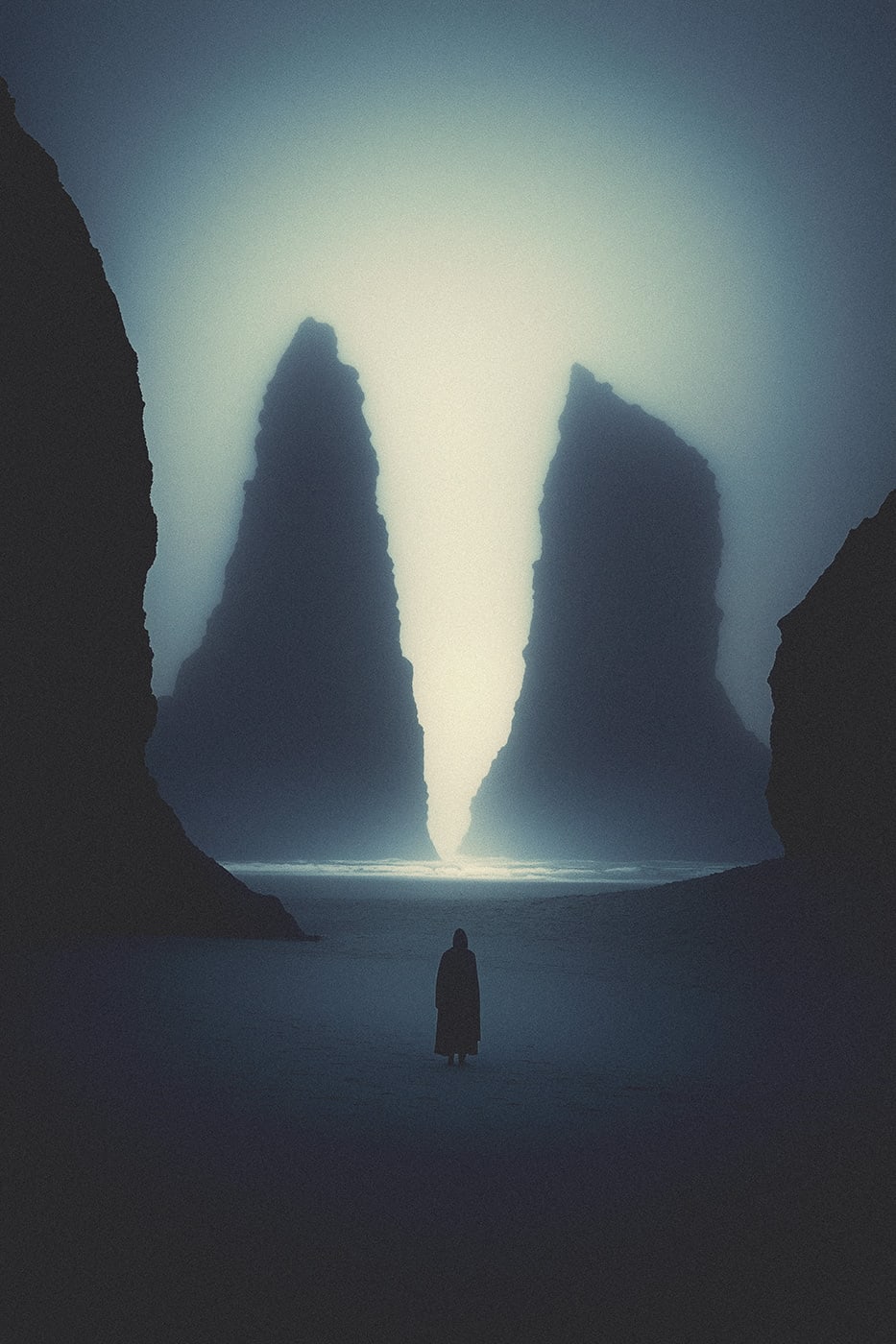 A mysterious hooded person at an unknown shore, the beach cloaked in dense fog, cliff rocks reaching into the sky. An ethereal, minimalist new media AI artwork on the beauty of loneliness and solitude. | Wall Art