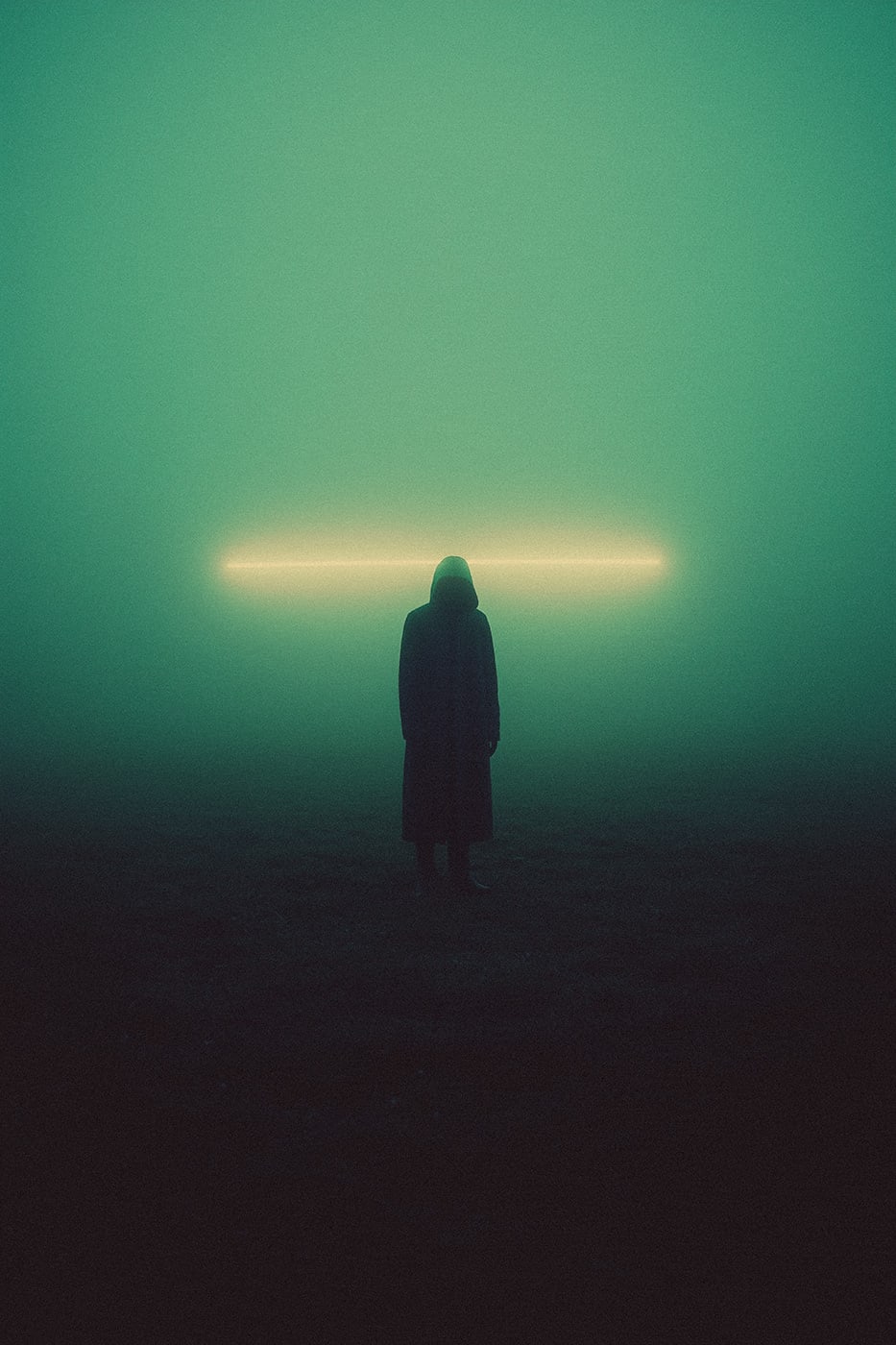 A mysterious hooded person in a vast, empty landscape, surrounded by a thick wall of fog. A neon light shines from behind, illuminating the scene. An ethereal, minimalist new media AI artwork on the beauty of loneliness and solitude. | Wall Art